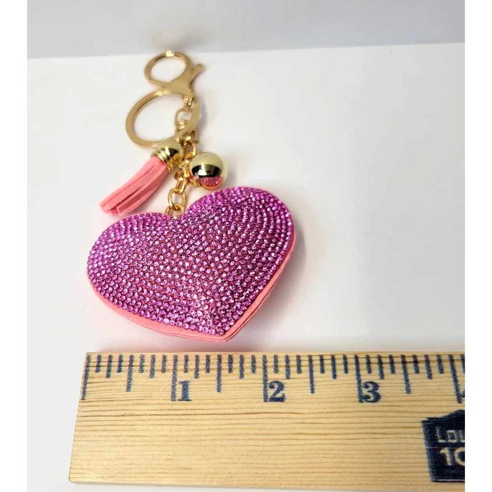 Heart‎ Rhinestone Bling Keychain Tassel Pink Tone Purse Bag Charm Gift Cute New